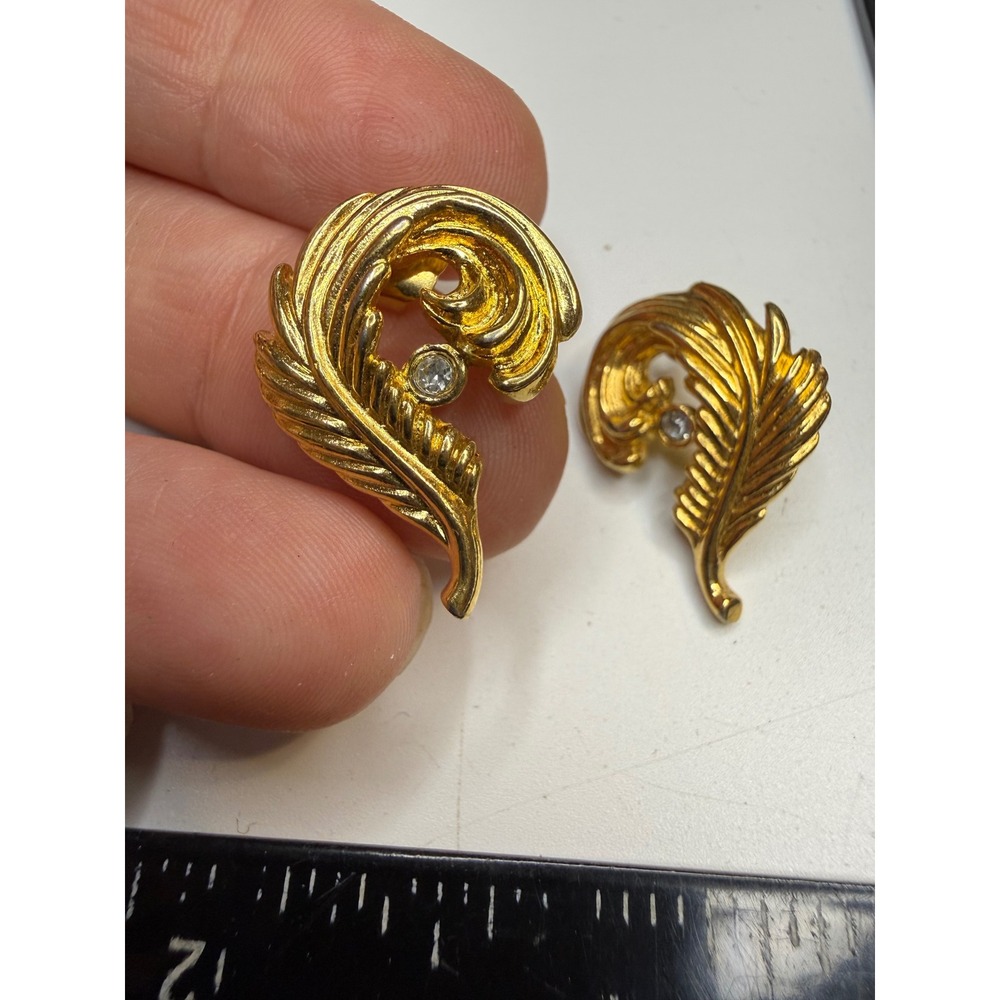 Gold Tone Feather Plume Rhinestone Post Earrings Textured Swirl Design